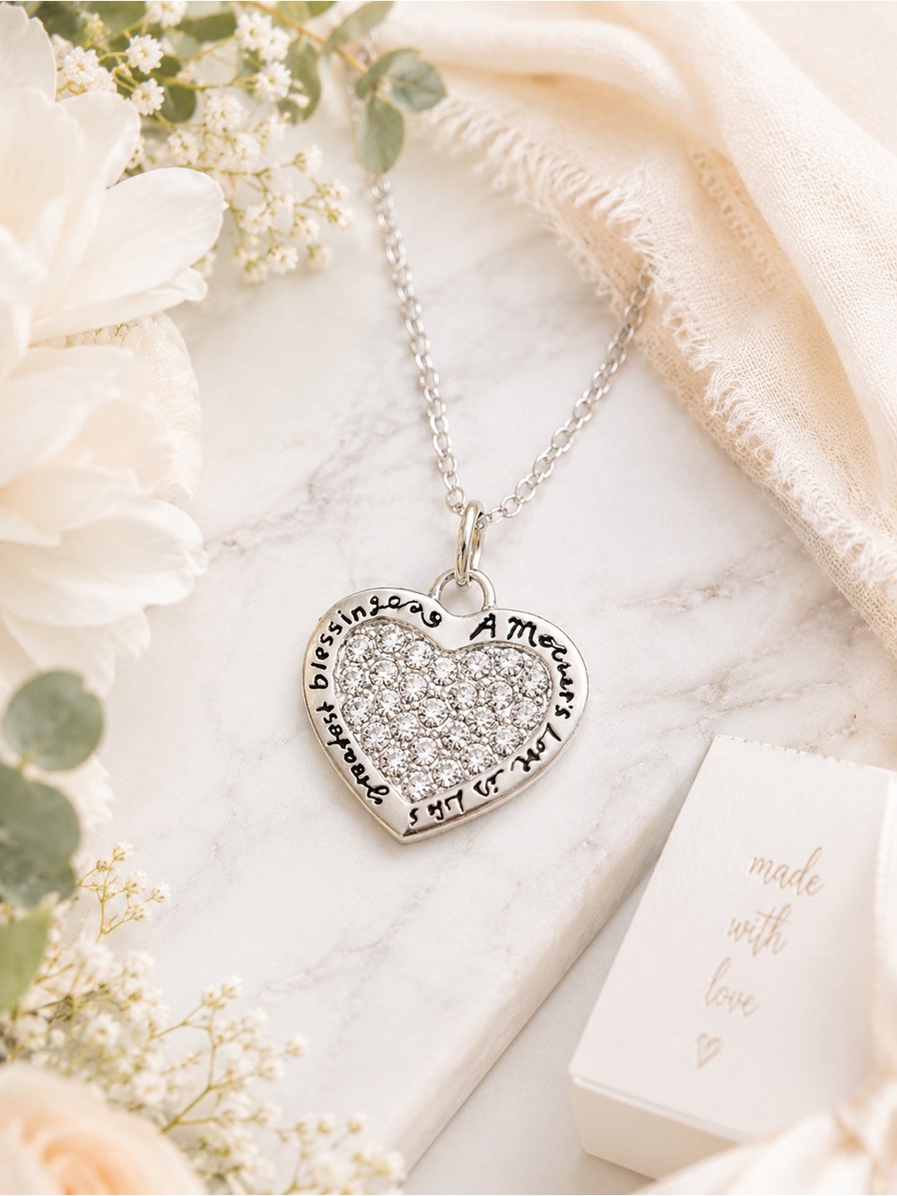 Silver Expressions Mother’s Love Heart Pendant Necklace CZ Crystal Silver NWT